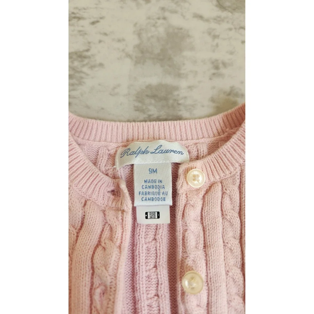 Ralph Lauren Baby Girl Cable Knit Cardigan Pastel Pink Sweater 9 Months Preppy